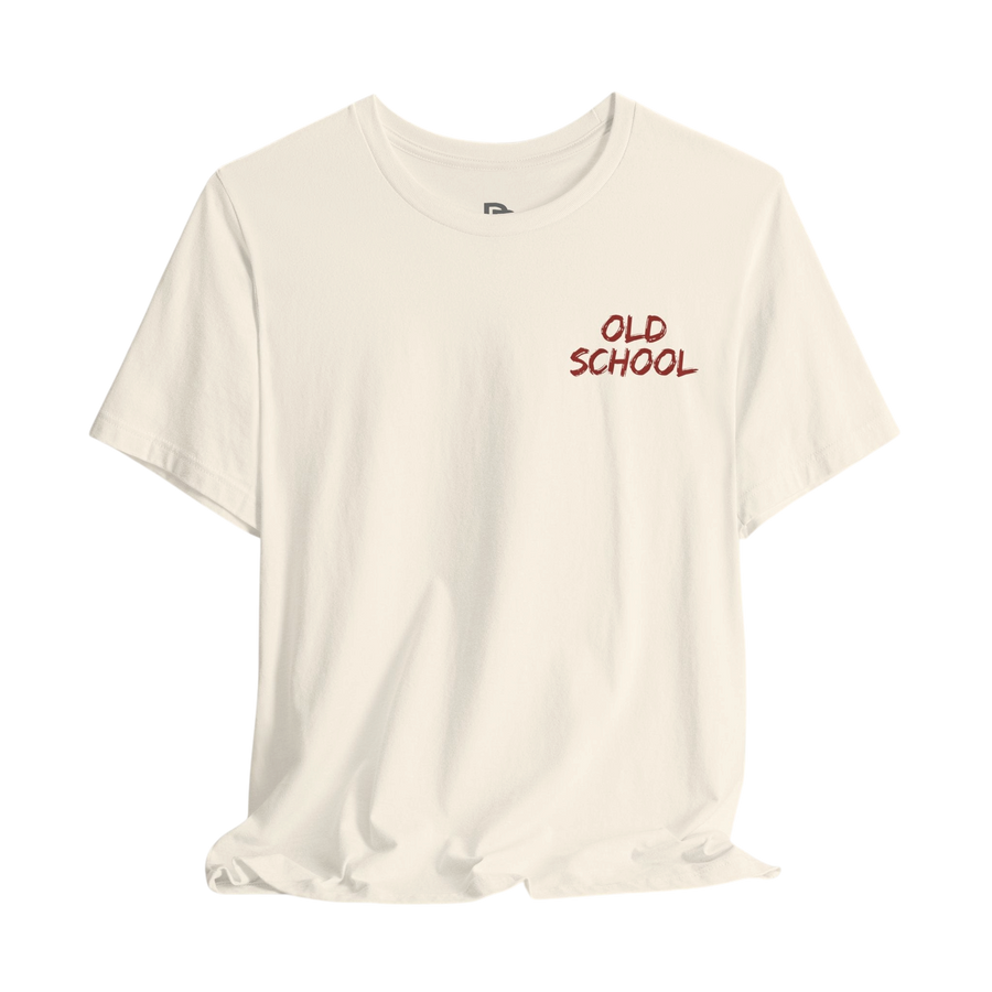 Old School Plate Bangers weightlifting T-shirt with vintage design, featuring a muscular figure lifting weights on a black fabric background.