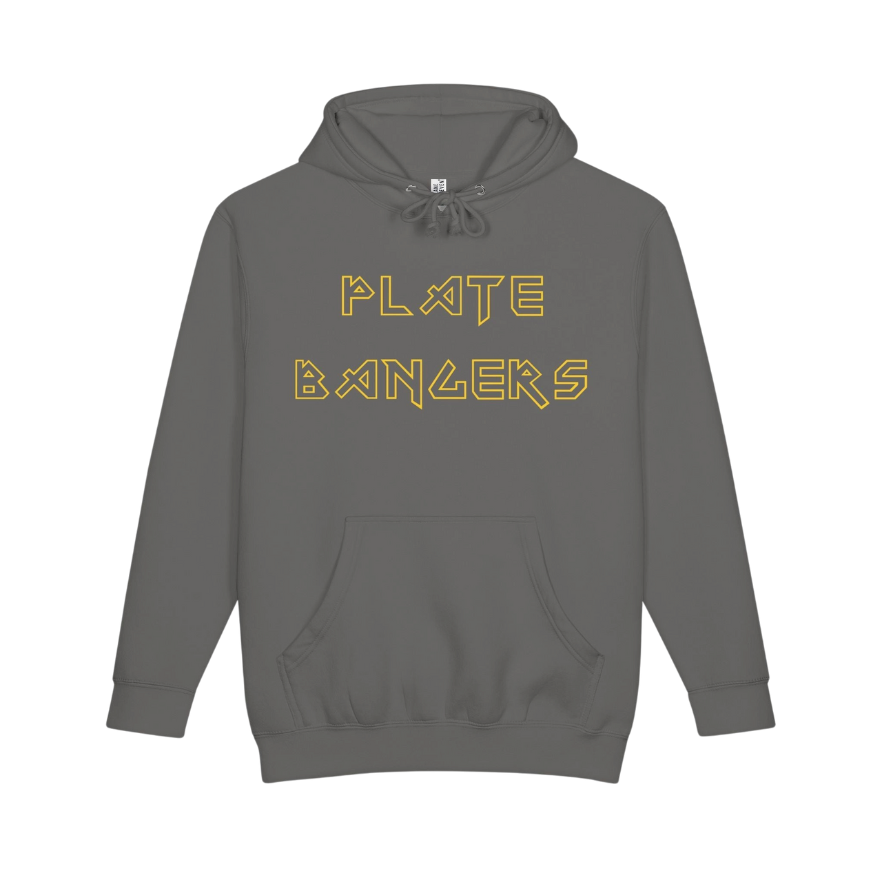 Printify Plate Bangers hoodie featuring "Bang the Iron, Break the Mold" gym sweatshirt with bold text and athletic style.