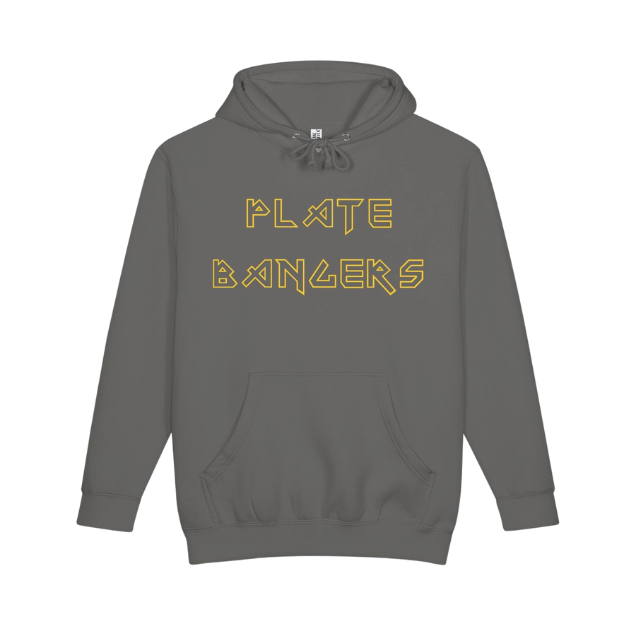 Printify Plate Bangers hoodie featuring "Bang the Iron, Break the Mold" gym sweatshirt with bold text and athletic style.
