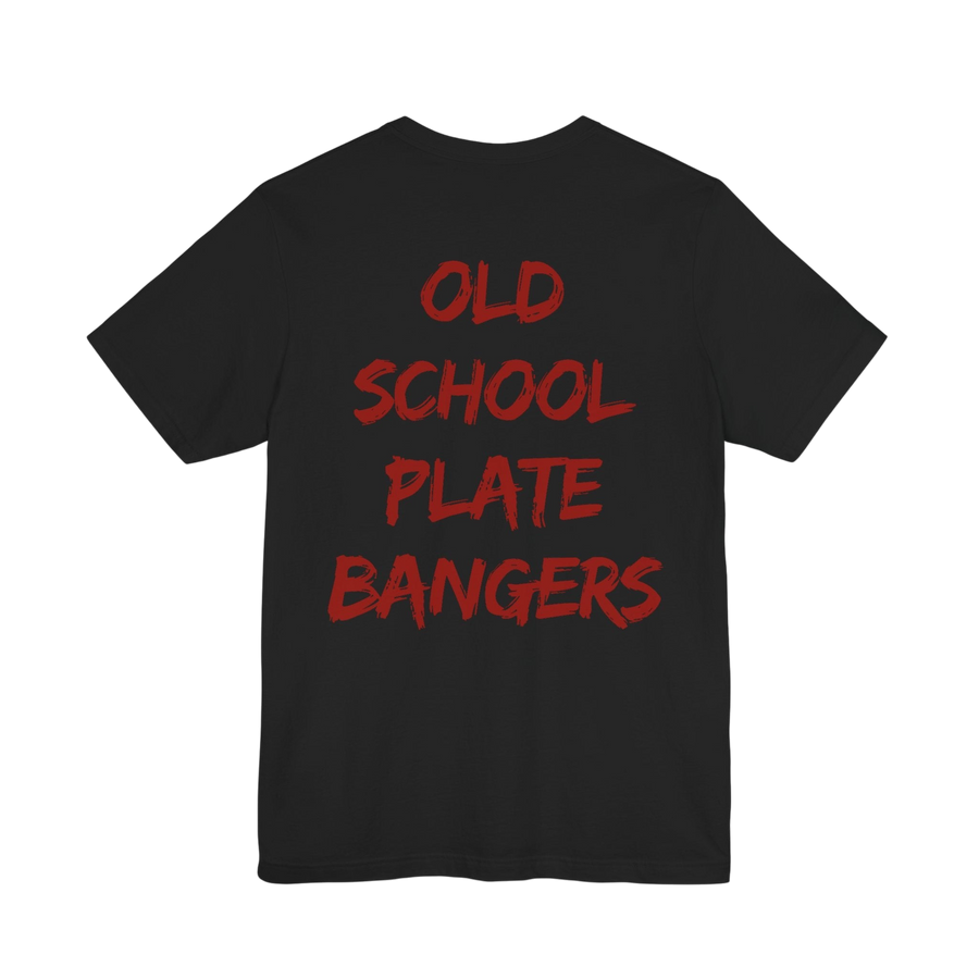 Old School Plate Bangers weightlifting T-shirt by Printify featuring a vintage-inspired design on a comfortable cotton shirt.