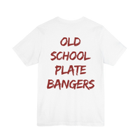 Old School Plate Bangers weightlifting T-shirt from Printify featuring vintage-style gym graphic on a comfortable casual shirt.