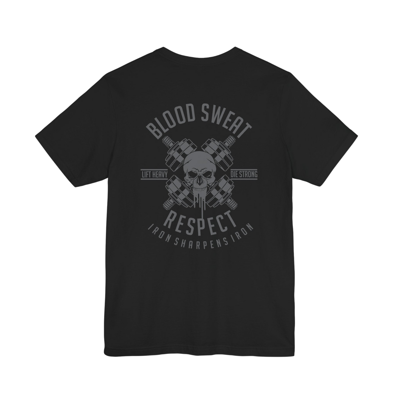 Black Blood, Sweat & Respect weightlifting T-shirt from Printify featuring bold printed text on soft cotton fabric.