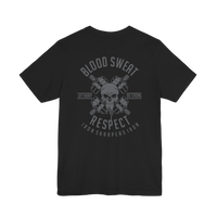 Black Blood, Sweat & Respect weightlifting T-shirt from Printify featuring bold printed text on soft cotton fabric.