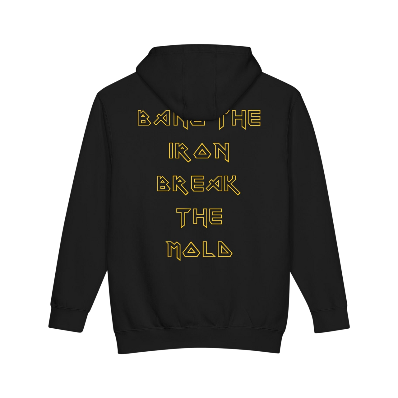 Printify Plate Bangers Hoodie featuring "Bang the Iron, Break the Mold" gym sweatshirt with bold graphic design