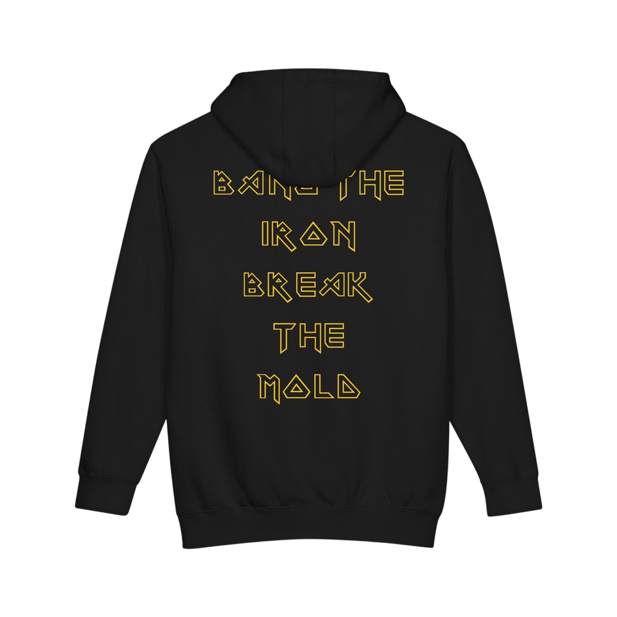 Printify Plate Bangers Hoodie featuring "Bang the Iron, Break the Mold" gym sweatshirt with bold graphic design