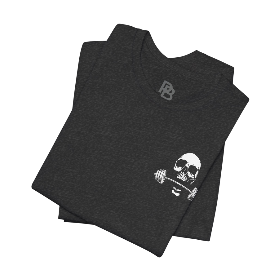 Deadweight Skull Barbell cotton gym T-shirt by Printify featuring a skull and barbell graphic on a casual fit shirt.
