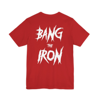 Bang The Iron Weightlifting T-Shirt by Plate Bangers featuring a bold design, perfect for fitness and weightlifting enthusiasts.