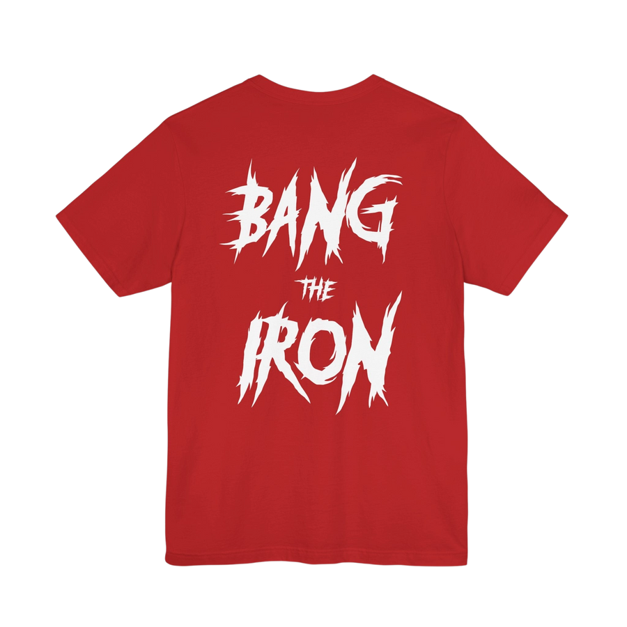 Bang The Iron Weightlifting T-Shirt by Plate Bangers featuring a bold design, perfect for fitness and weightlifting enthusiasts.