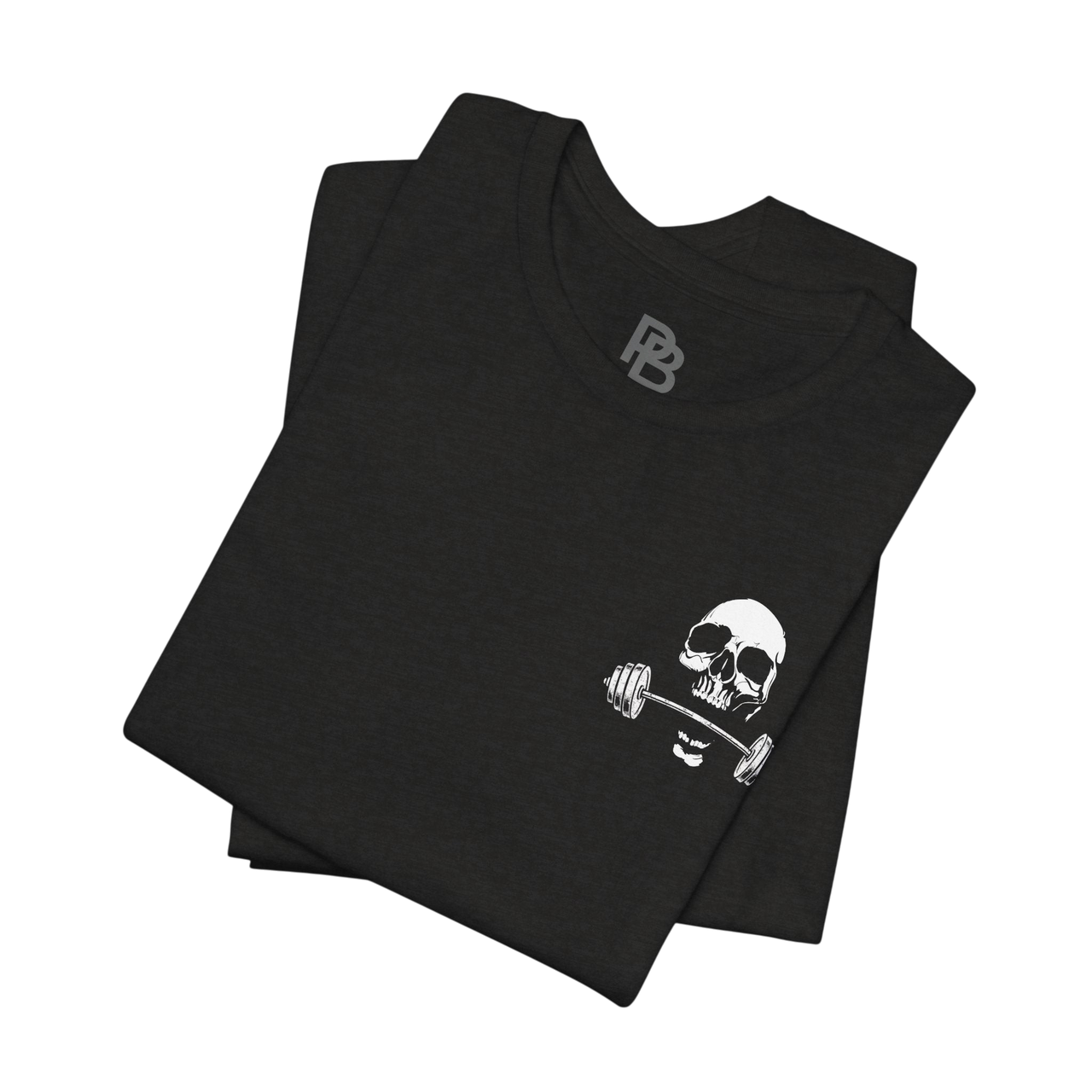 Deadweight Skull Barbell cotton gym T-shirt by Printify featuring a graphic skull and barbell design on a comfortable white shirt.