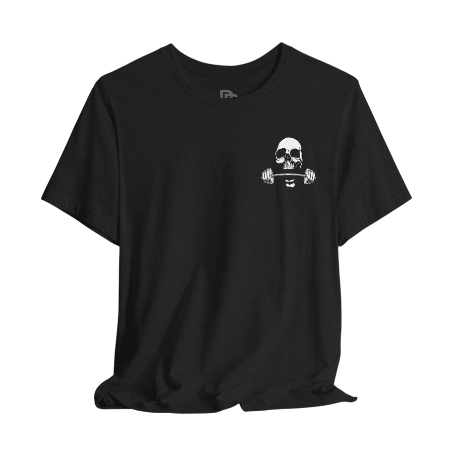 Deadweight Skull Barbell cotton gym T-shirt by Printify featuring a bold skull and barbell design on comfortable fabric.