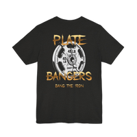 Broken plate weightlifting T-shirt by Plate Bangers featuring a graphic design on a casual Printify T-shirt.