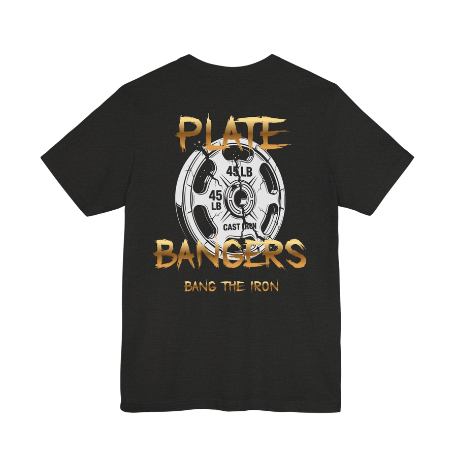 Broken plate weightlifting T-shirt by Plate Bangers featuring a graphic design on a casual Printify T-shirt.