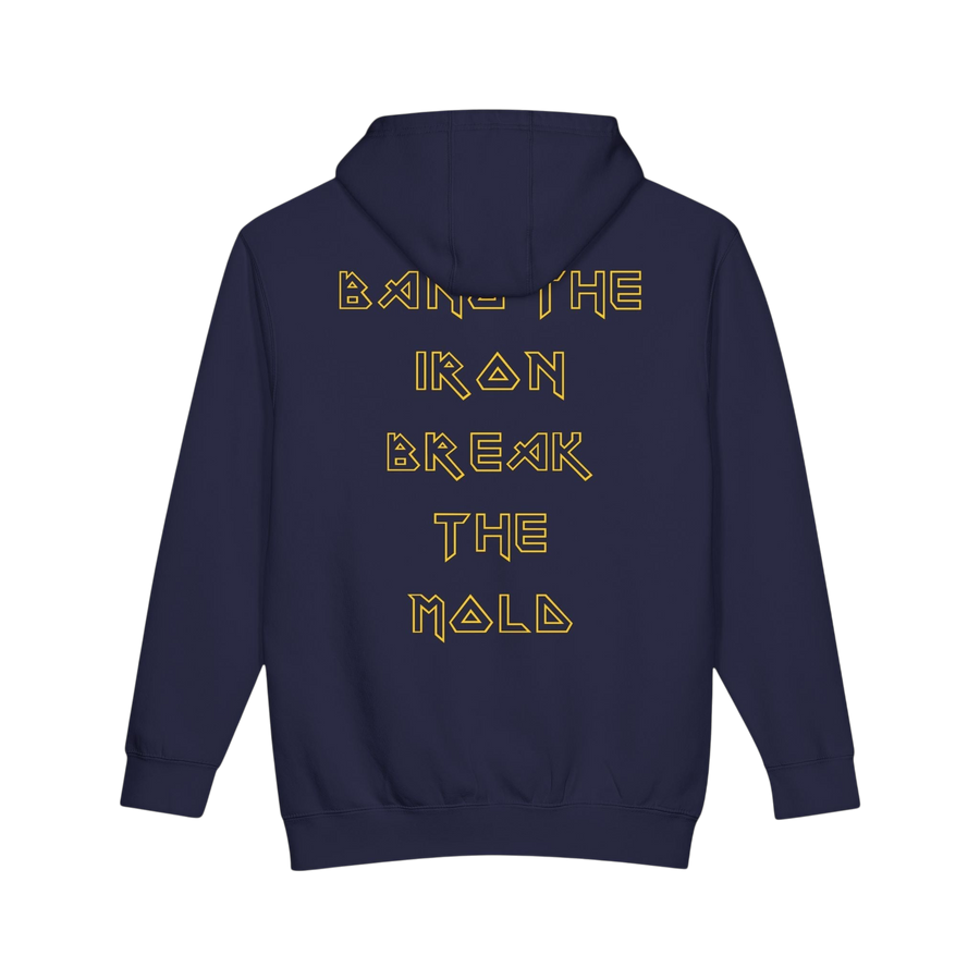 Printify Plate Bangers hoodie featuring "Bang the Iron, Break the Mold" slogan, black gym sweatshirt with bold white text.