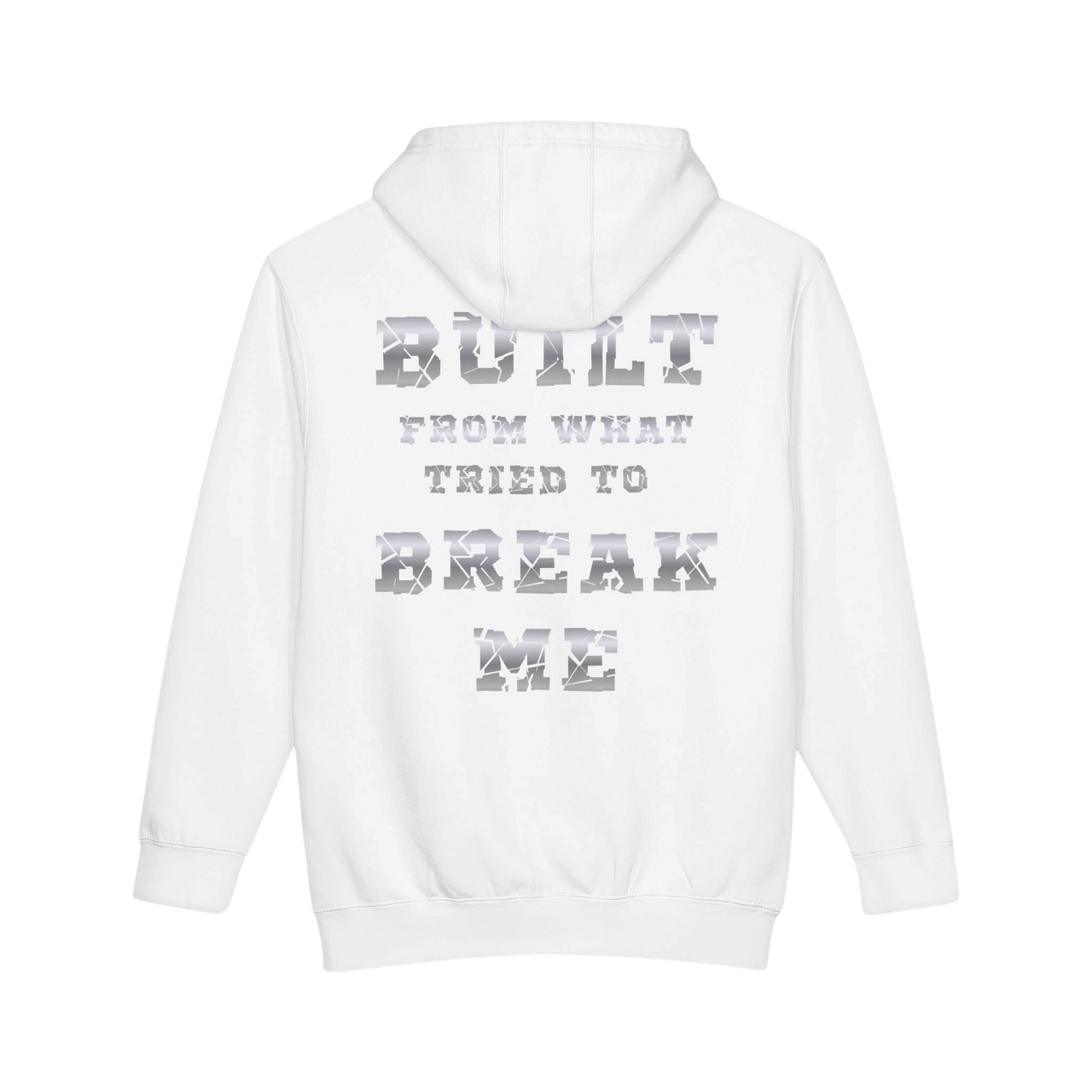 Printify Plate Bangers hoodie featuring a heavyweight pullover with "Built From What Tried To Break Me" slogan, in black fabric.