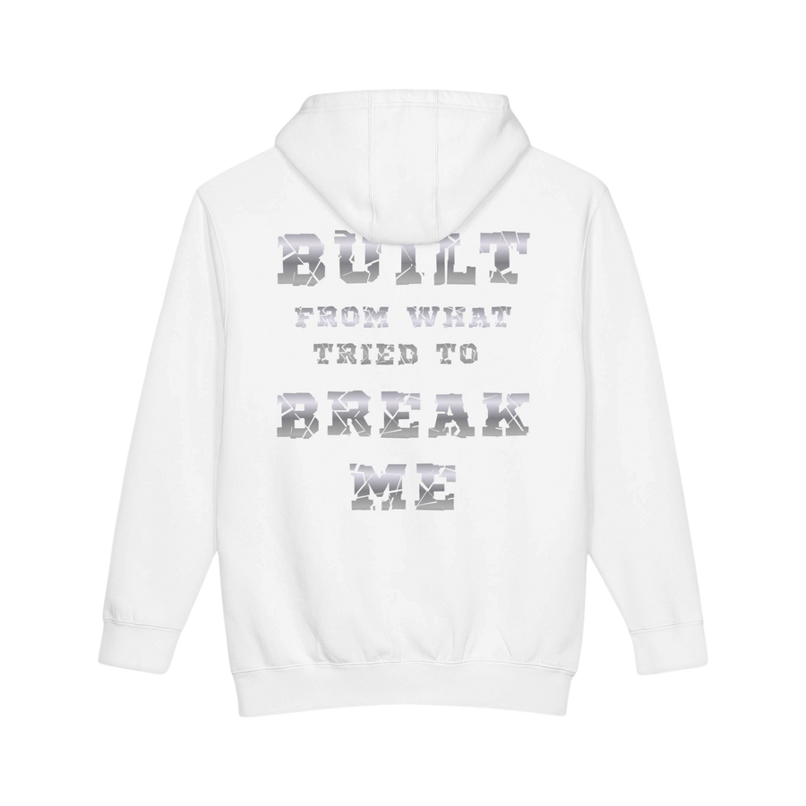 Printify Plate Bangers hoodie featuring a heavyweight pullover with "Built From What Tried To Break Me" slogan, in black fabric.