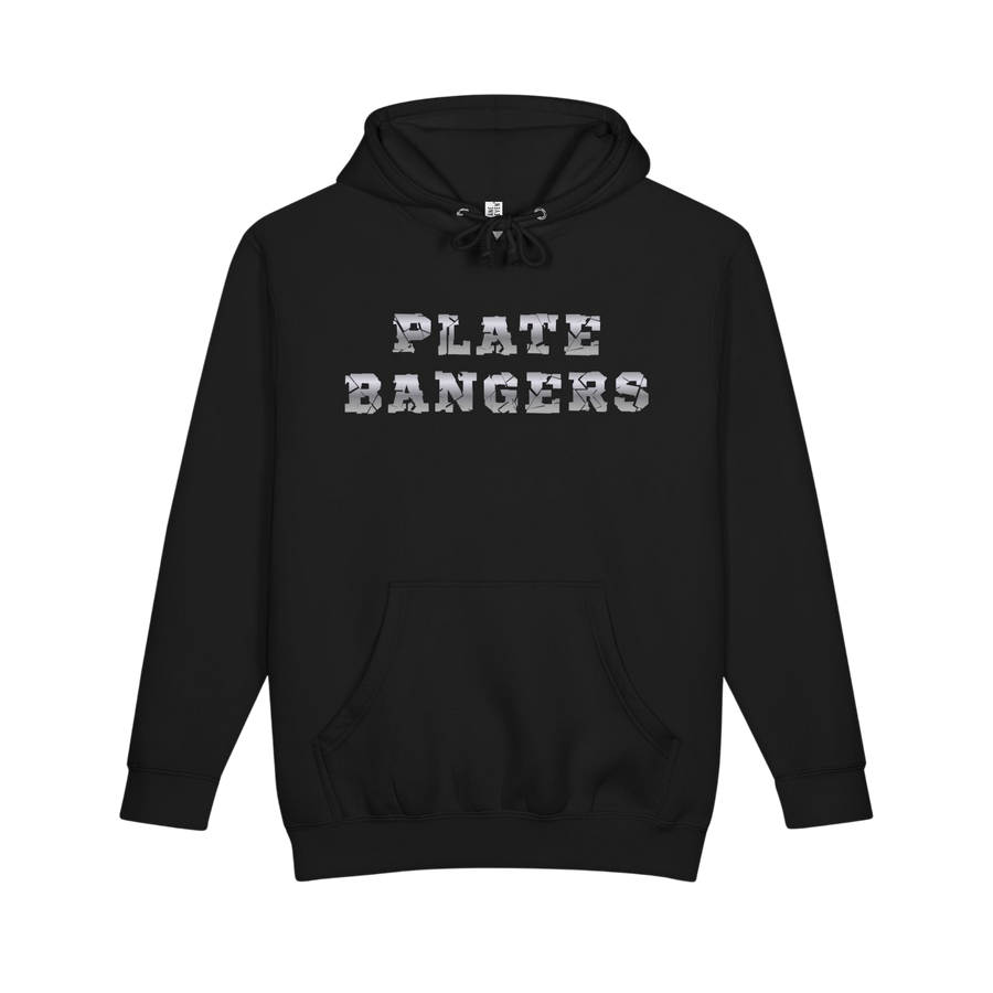 Gray Plate Bangers Hoodie by Printify featuring "Built From What Tried To Break Me" slogan, heavyweight pullover with front graphic.