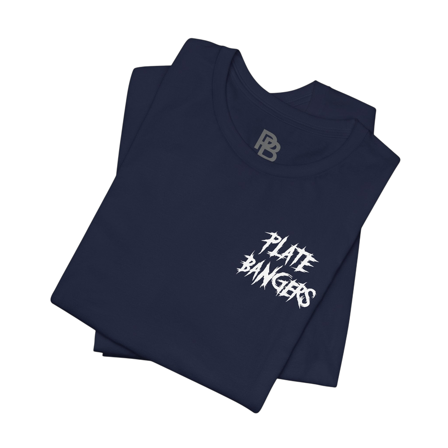 Black Iron Weightlifting T-Shirt featuring "Bang The Iron" slogan and plate bangers graphic, by Printify.