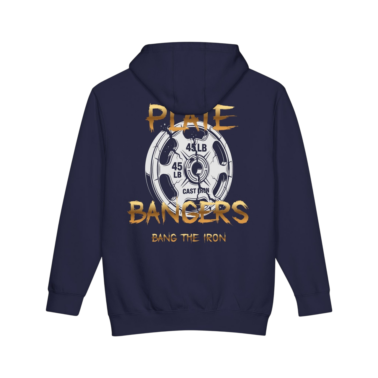 Back view of a navy Plate Bangers heavyweight hoodie featuring a distressed gold 45-lb weight plate graphic.