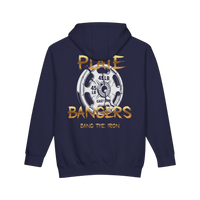 Back view of a navy Plate Bangers heavyweight hoodie featuring a distressed gold 45-lb weight plate graphic.
