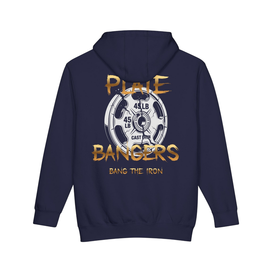 Back view of a navy Plate Bangers heavyweight hoodie featuring a distressed gold 45-lb weight plate graphic.