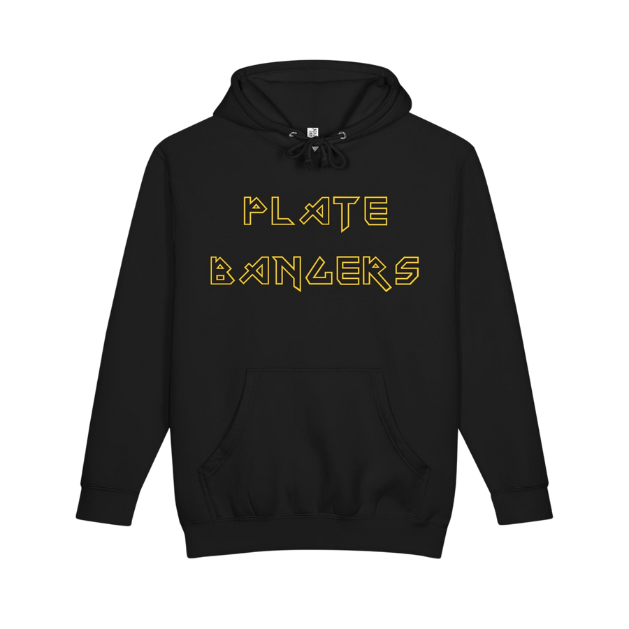 Printify Plate Bangers Hoodie with "Bang the Iron, Break the Mold" slogan, featuring a comfortable gym sweatshirt design.