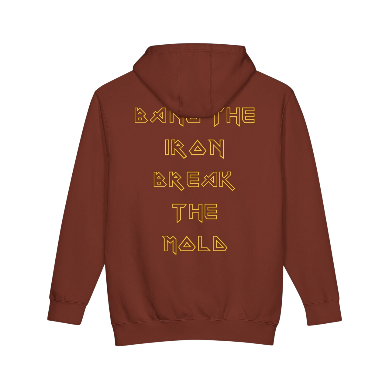 Printify Plate Bangers hoodie featuring bold "Bang the Iron, Break the Mold" gym sweatshirt with striking graphic design.
