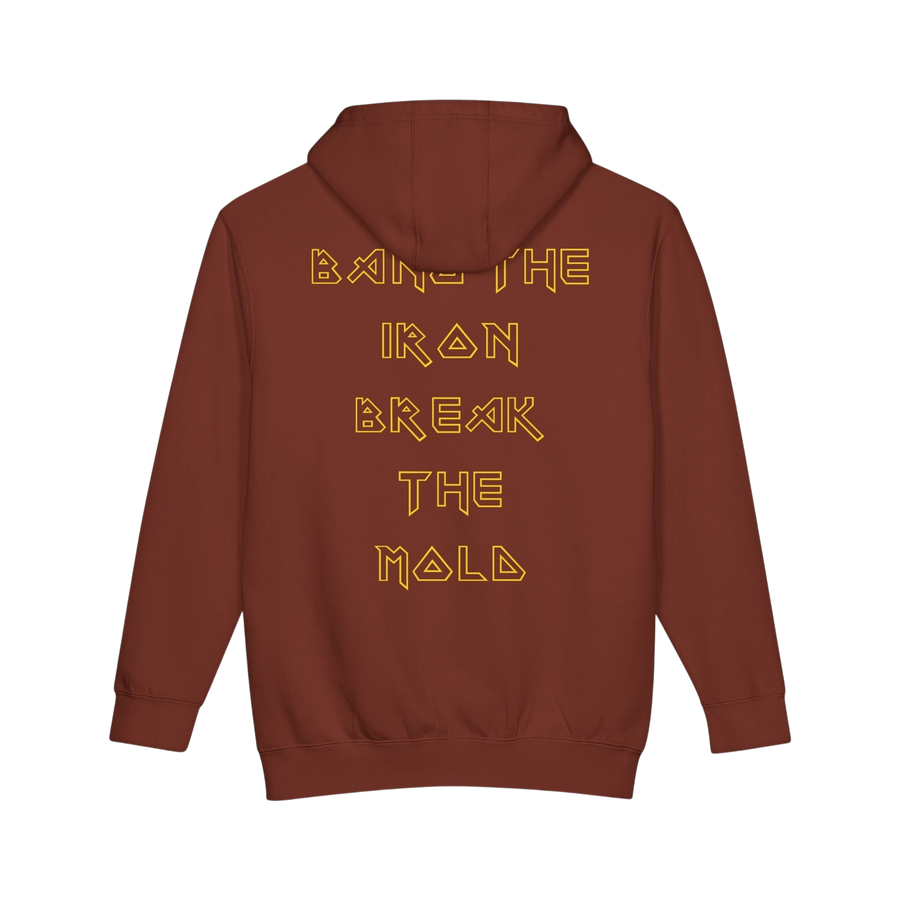 Printify Plate Bangers hoodie featuring bold "Bang the Iron, Break the Mold" gym sweatshirt with striking graphic design.