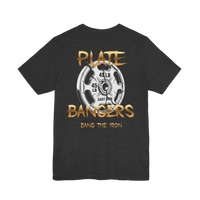 Broken plate weightlifting T-shirt by Printify featuring a graphic design of a shattered weight plate on a casual T-shirt.