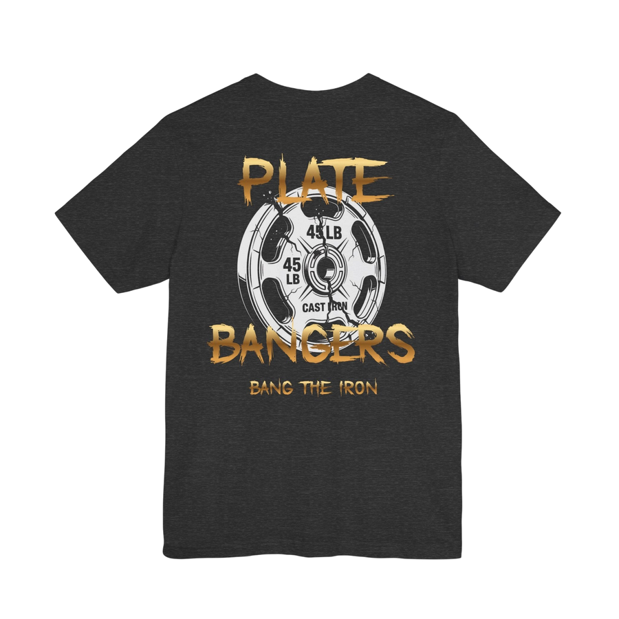 Broken plate weightlifting T-shirt by Printify featuring a graphic design of a shattered weight plate on a casual T-shirt.