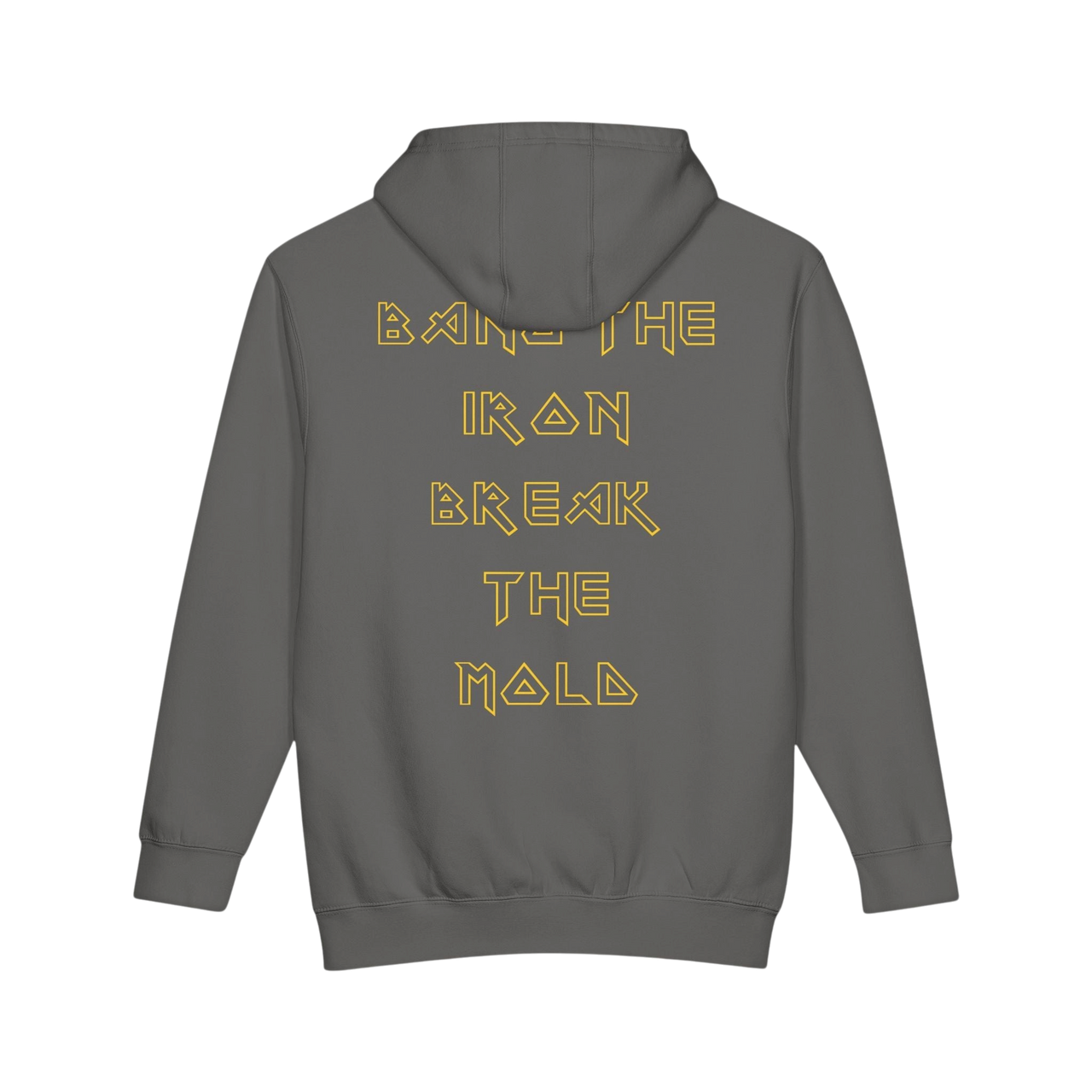 Printify Plate Bangers hoodie featuring the "Bang the Iron, Break the Mold" gym sweatshirt with bold text design.