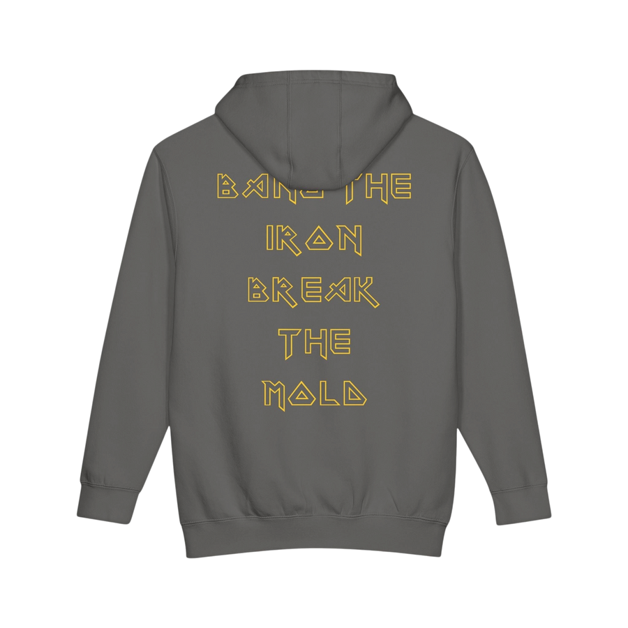 Printify Plate Bangers hoodie featuring the "Bang the Iron, Break the Mold" gym sweatshirt with bold text design.