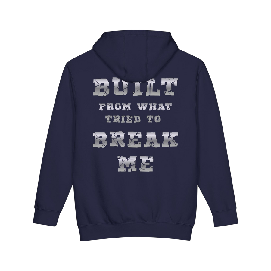 Black Plate Bangers hoodie by Printify featuring the "Built From What Tried To Break Me" slogan on a heavyweight pullover.