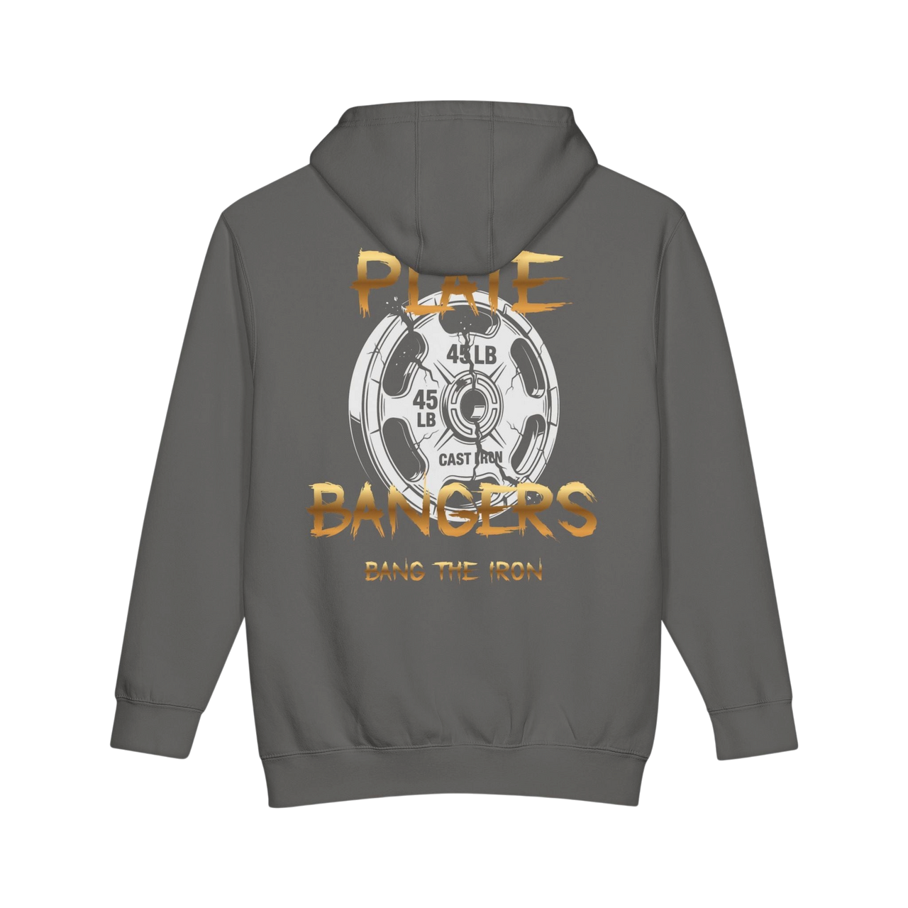 Plate Bangers charcoal grey heavyweight fleece hoodie featuring a 45-lb weight plate graphic on the back