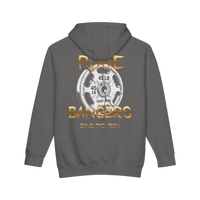 Plate Bangers charcoal grey heavyweight fleece hoodie featuring a 45-lb weight plate graphic on the back