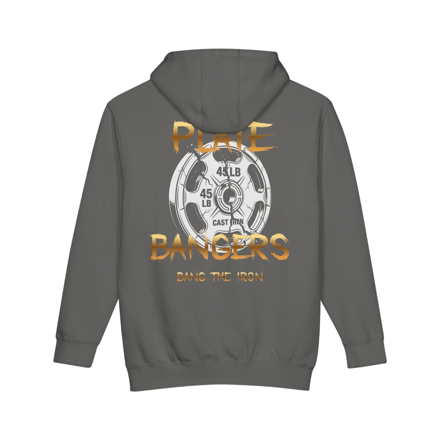 Plate Bangers charcoal grey heavyweight fleece hoodie featuring a 45-lb weight plate graphic on the back