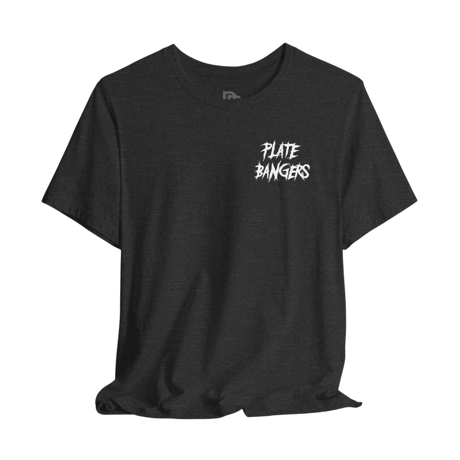 Bang The Iron Weightlifting T-Shirt by Printify featuring a bold graphic design with weight plates and text on a black cotton t-shirt