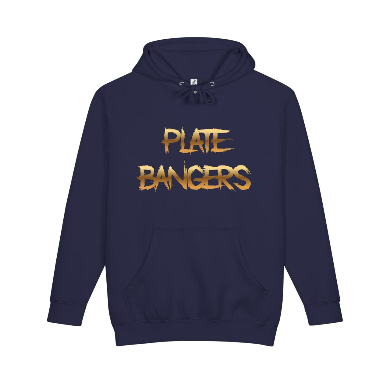 Plate Bangers navy blue heavyweight fleece hoodie with distressed gold lettering on the chest and kangaroo pocket.