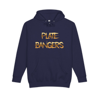 Plate Bangers navy blue heavyweight fleece hoodie with distressed gold lettering on the chest and kangaroo pocket.