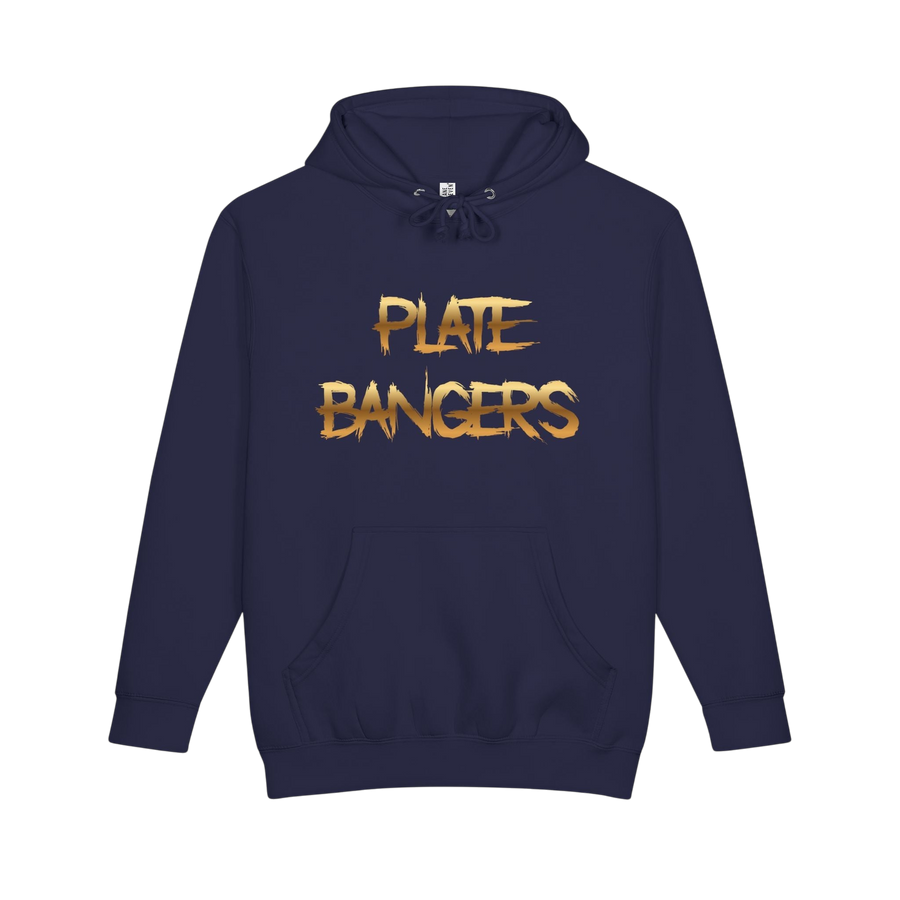Plate Bangers navy blue heavyweight fleece hoodie with distressed gold lettering on the chest and kangaroo pocket.