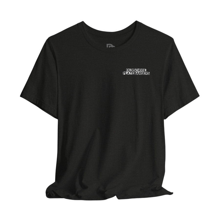 Printify Plate Bangers Bang the Iron motivational gym T-shirt featuring bold text design on a comfortable black cotton tee.