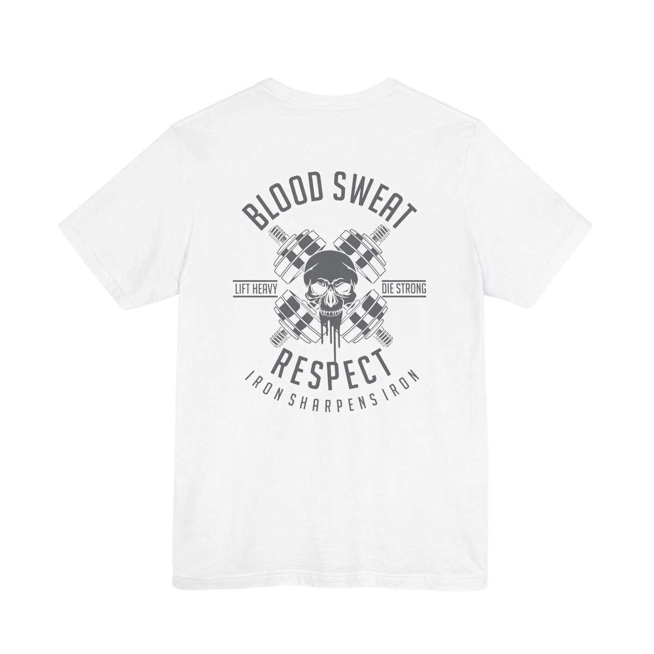 Black Blood, Sweat & Respect weightlifting T-shirt by Printify, featuring bold printed text on a comfortable cotton shirt.