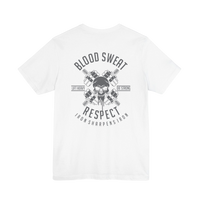 Black Blood, Sweat & Respect weightlifting T-shirt by Printify, featuring bold printed text on a comfortable cotton shirt.