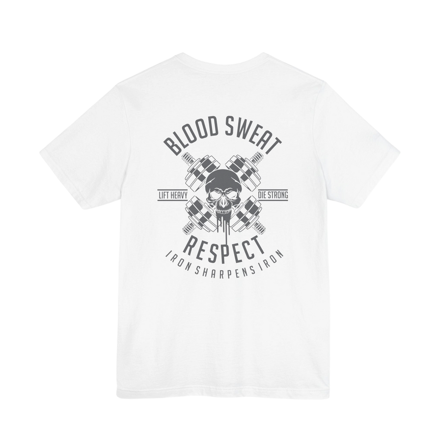 Black Blood, Sweat & Respect weightlifting T-shirt by Printify, featuring bold printed text on a comfortable cotton shirt.