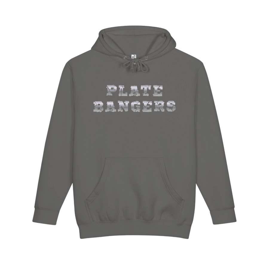 Printify Plate Bangers Hoodie featuring "Built From What Tried To Break Me" slogan on a heavyweight pullover in black with front graphic.