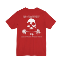 White Deadweight Skull barbell gym T-shirt by Printify featuring a skull graphic and athletic fit, ideal for workout wear.