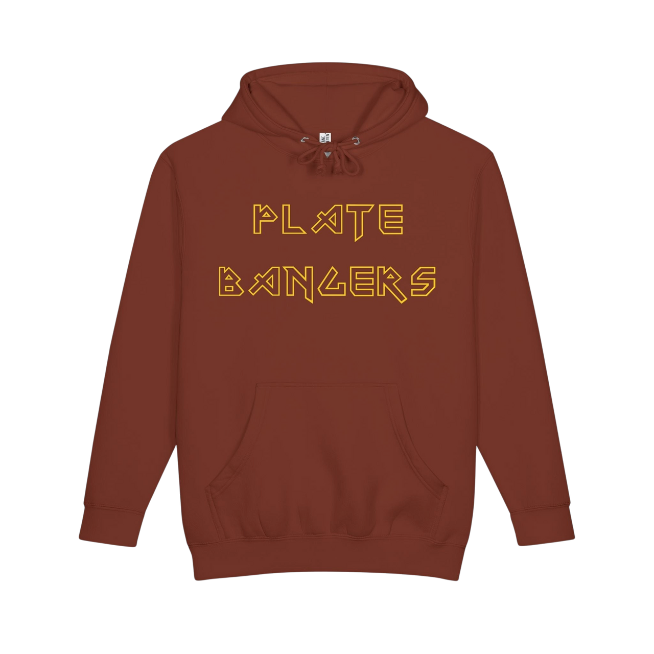 Printify Plate Bangers hoodie featuring "Bang the Iron, Break the Mold" slogan, comfortable gym sweatshirt with bold design.