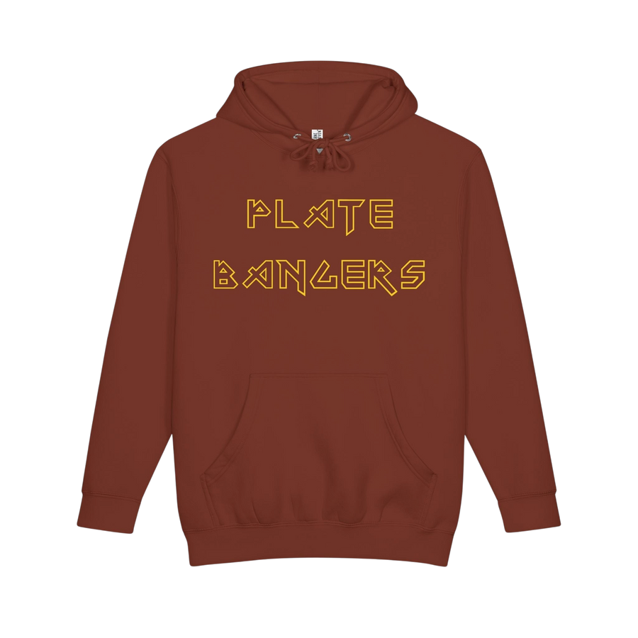 Printify Plate Bangers hoodie featuring "Bang the Iron, Break the Mold" slogan, comfortable gym sweatshirt with bold design.