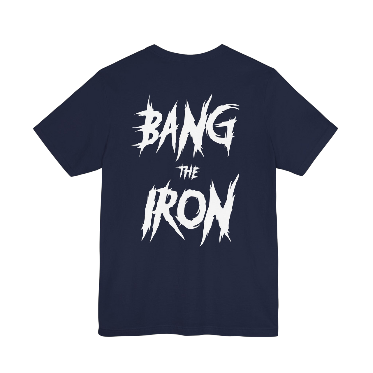 Bang The Iron Weightlifting T-Shirt by Printify featuring a bold graphic design on a casual black T-shirt.