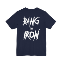 Bang The Iron Weightlifting T-Shirt by Printify featuring a bold graphic design on a casual black T-shirt.