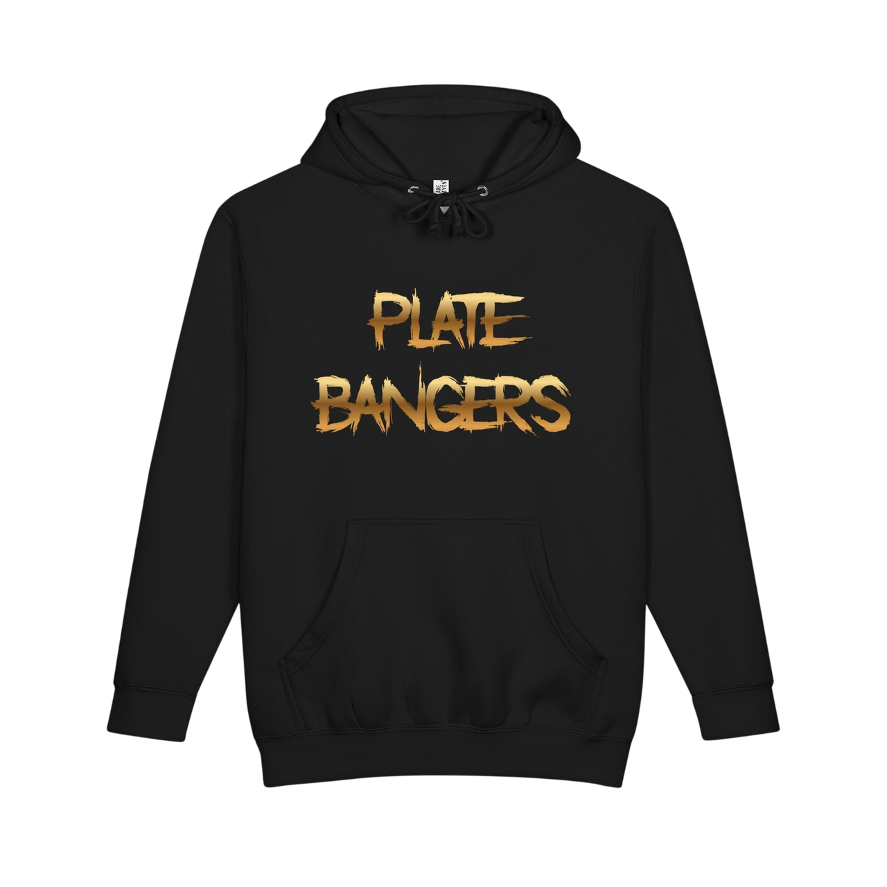 Plate Bangers black heavyweight fleece hoodie featuring distressed gold logo lettering on the chest.
